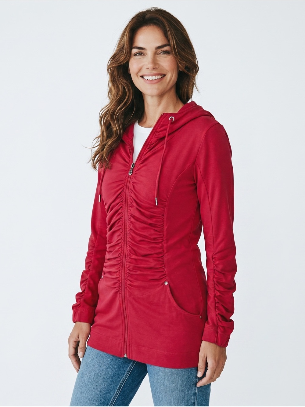 NOMADS HEMP WEAR Thrive Tunic Ruched Zip Up Hoodie Red S
